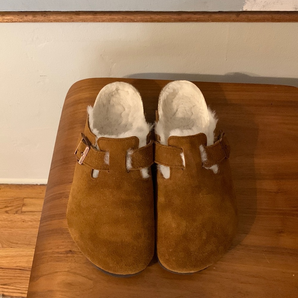Birkenstock Boston Clogs, Cognac with Shearling